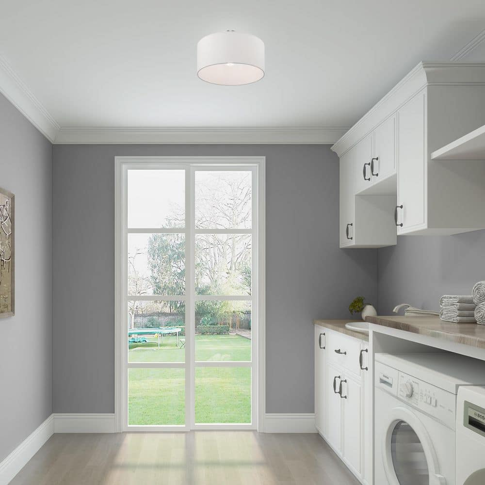 Modern Brushed Nickel Indoor/Outdoor Drum Ceiling Light with Off-White Shade