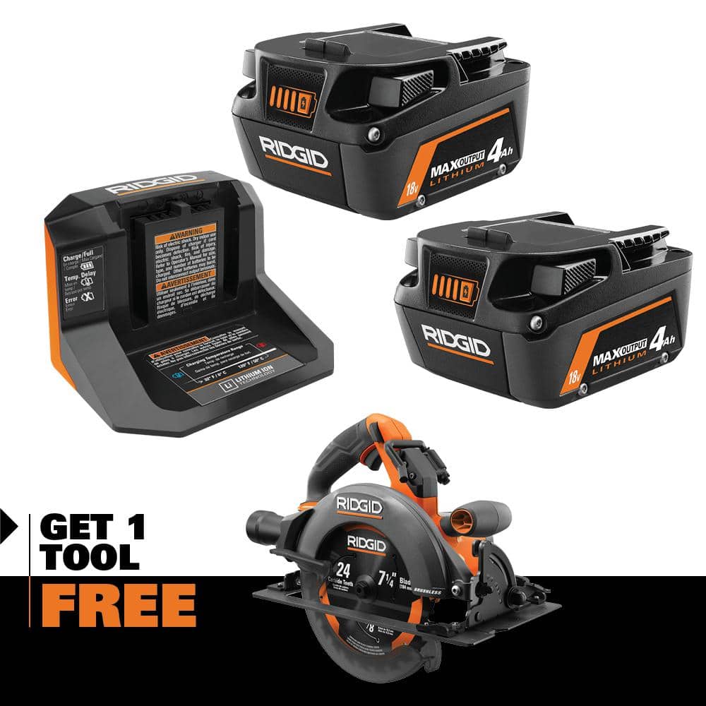 RIDGID 18V MAX Output Starter Kit with (2) 4.0 Ah MAX Output Batteries and Charger with 18V Brushless 7-1/4 in. Circular Saw