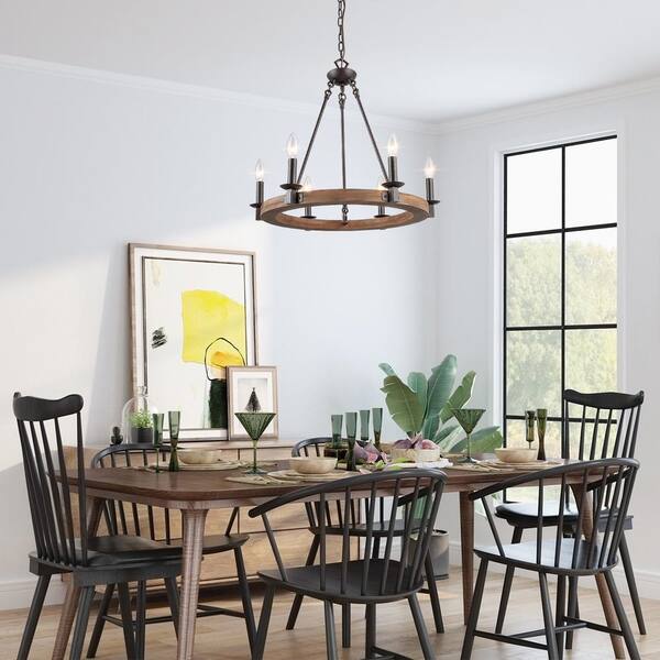 Lnc Farmhouse Chandelier 6 Light Rustic Bronze Solid Wood Wagon Wheel Dining Room Pendant A03300 The Home Depot Lnc Farmhouse Chandelier 6 Light Rustic, Rustic Farmhouse Dining Room Chandelier