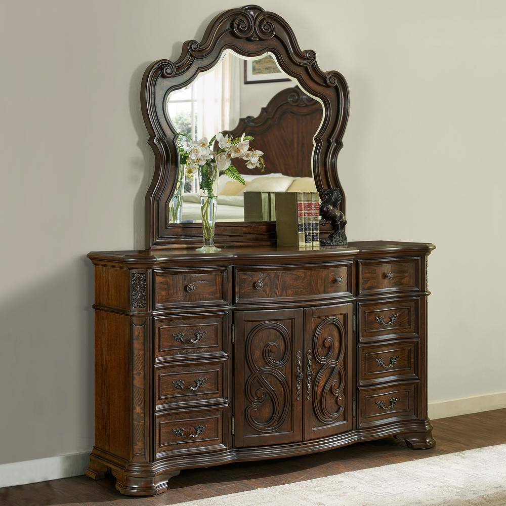 Traditional Brown Cherry Dresser with Mirror and Felt Lined Drawers
