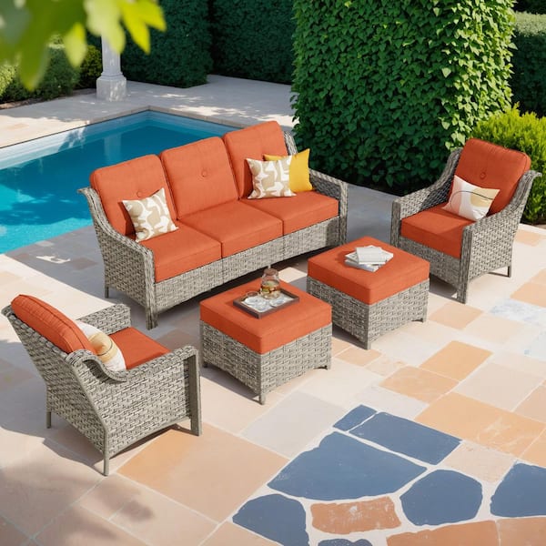 Toject Eureka Grey 5-Piece Wicker Modern Outdoor Patio Conversation Sofa Seating Set with Red Cushions