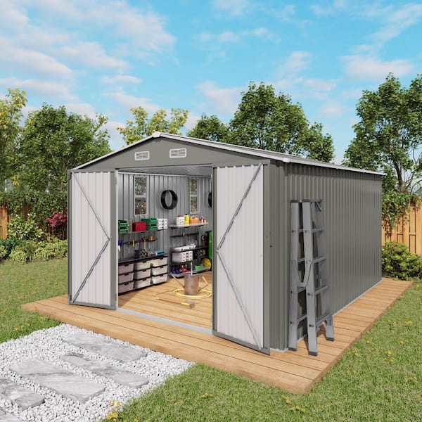 Gray 10 ft. W x 12 ft. D Metal Shed with Lockable Door, Air Vent