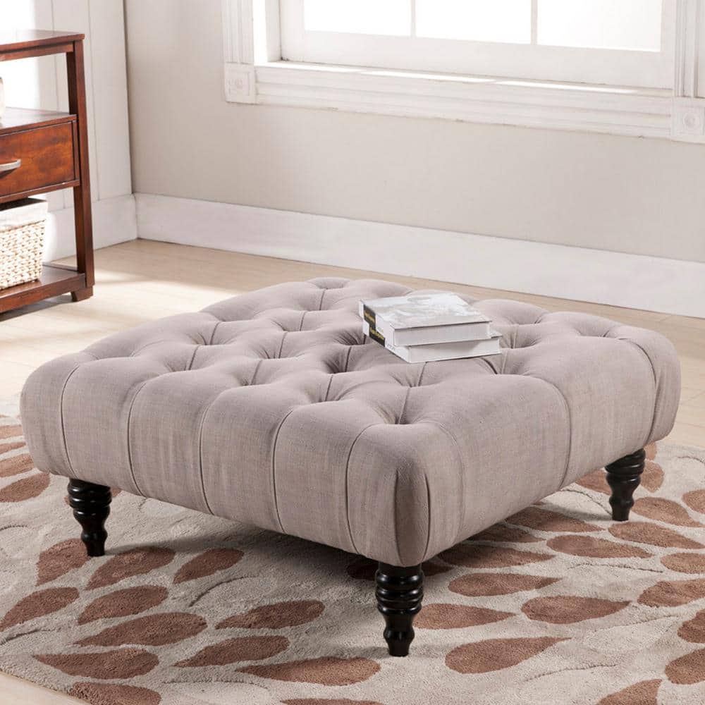 Keswick Beige Linen Tufted 36'' Square Ottoman