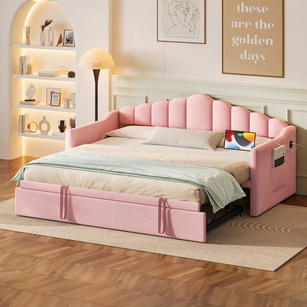 Nestfair Pink Upholstered Twin Size Daybed with Adjustable Trundle Twin Bed, USB and Type C Charging Port