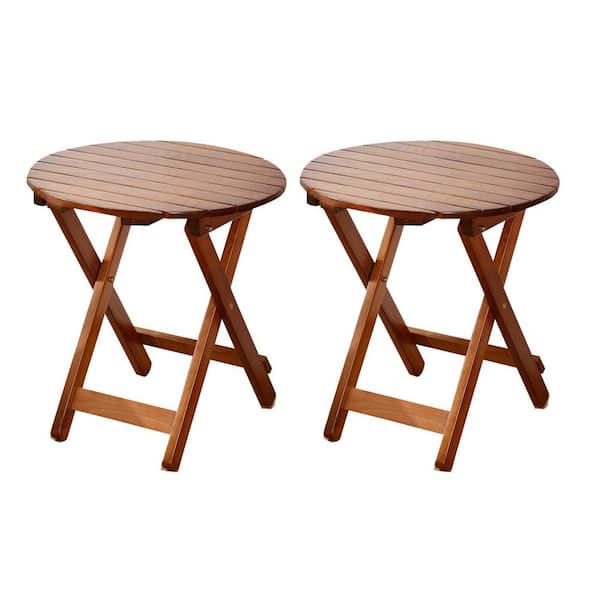 Outdoor Patio Side Table Set of 2 Small Folding Wood Round End Table Coffee for Living Room, Bedroom, Portable Brown