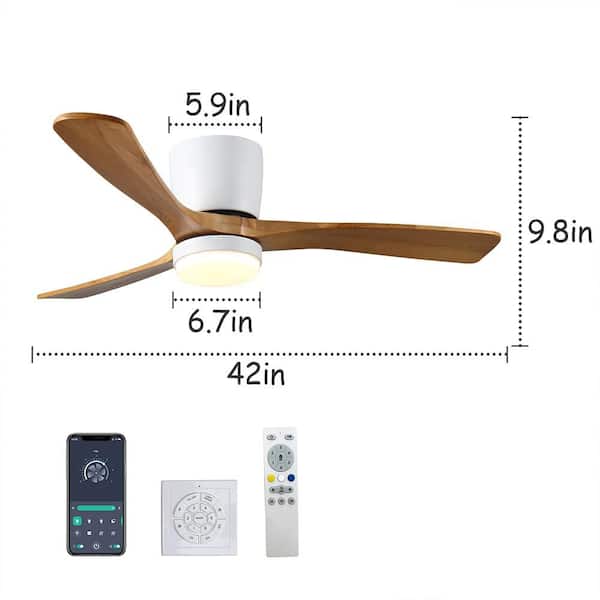 42 in. White Indoor Flush Mount Ceiling Fan with Light and Remote, Wood Blades Modern Fan Reversible for Bedroom