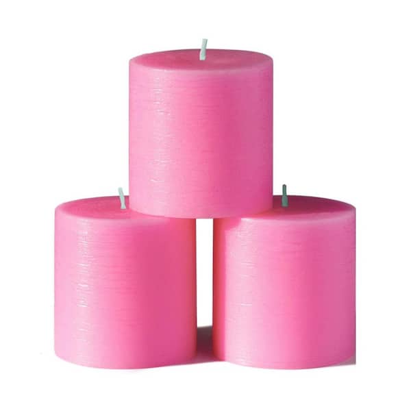 Pink Unscented Paraffin Wax Single Wick Dripless Pillar Candle 3-Pack