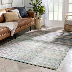 Tulsa2 Nampa Green Blue 5 ft. 3 in. x 7 ft. 3 in. Tribal Stripes Geometric Pattern Distressed Area Rug