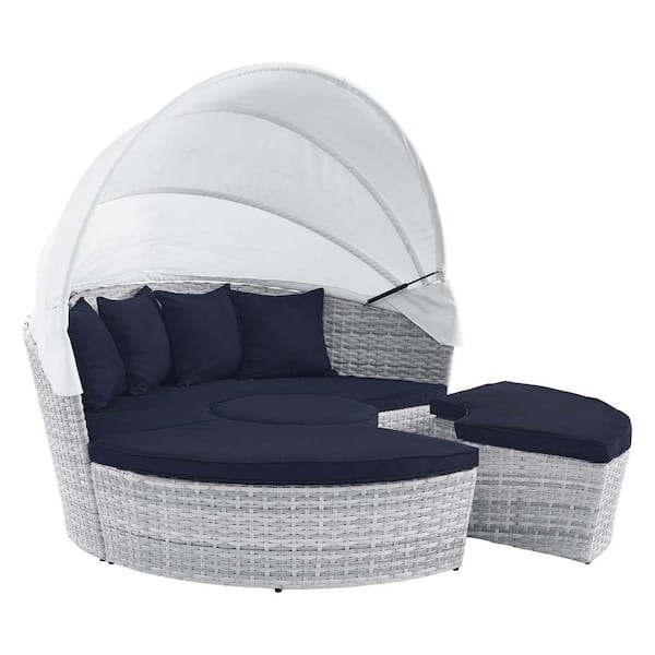 MODWAY Scottsdale 4-Piece Wicker Light Gray Outdoor Patio Day Bed with Navy Cushions