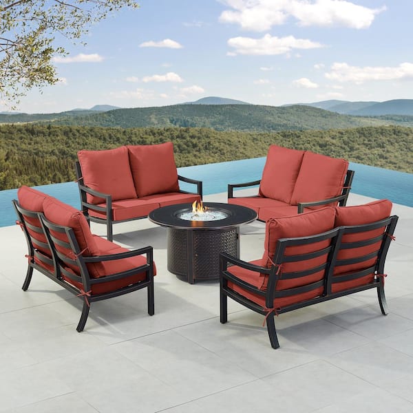 Oakland Living Black 7-Piece Aluminum Patio Fire Pit with 4-Deep Seating Loveseat Red Cushions