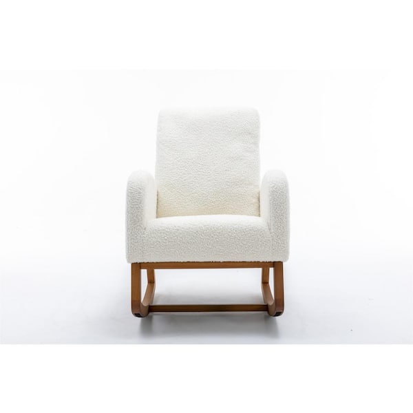 White Teddy Upholstered Rocking Chair, High Back Armchair, Rocker Chair with Side Pocket for Living Room, Nursery