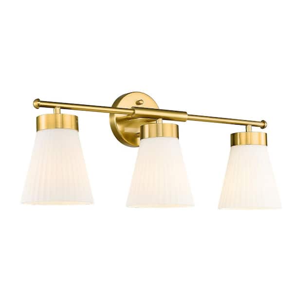 24.1 in. 3 Light Gold Vanity Light with Frosted White Striped Glass Shade