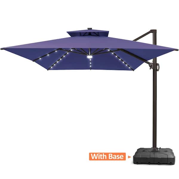 10 ft. x 13 ft. Heavy Duty Cantilever Tiltable 360° Rotation Solar LED Lighted Patio Umbrella in Navy and Umbrella Base