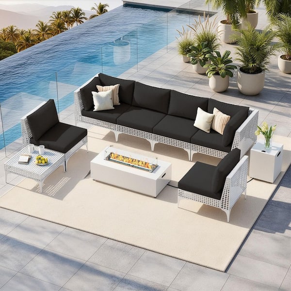 FINCATI (9-Piece) Outdoor Patio Furniture Set Wicker Conversation Set with Fire Pit Table, Black Cushions and Coffee Table