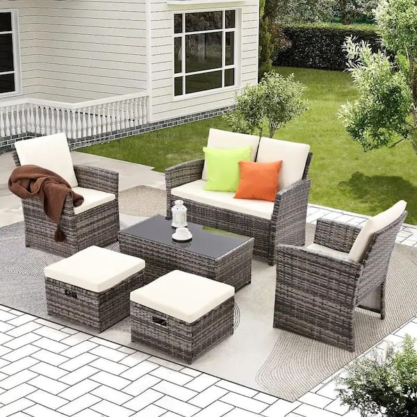 Unbranded Gray 6-Piece Wicker Outdoor Sectional Set, Patio Conversation Set Loveseat Sofa Set with Ottomans and Beige Cushions