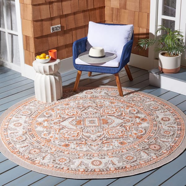 Cabana Beige/Orange 7 ft. x 7 ft. Border Medallion Floral Indoor/Outdoor Patio  Round Area Rug