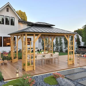 11 ft. x 13 ft. Wood Gazebo, Outdoor Double Roof Hardtop Gazebo Pavilion with Spruce Solid Wooden Frame