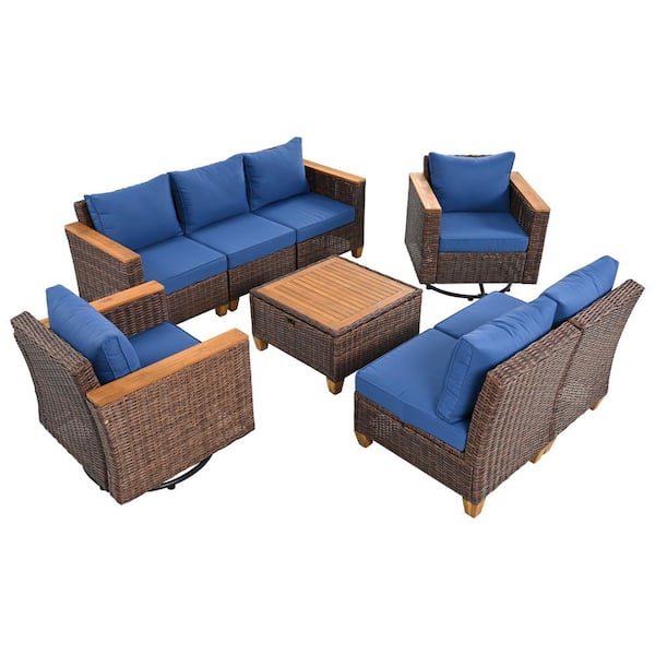 Zeus & Ruta 8-Piece Wicker Outdoor Patio Sectional Sofa Set with Blue Cushions, Swivel Rocking Chairs and 1 Acacia Storage Table