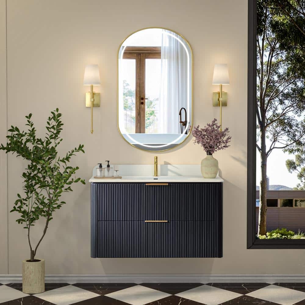 36 in. Single Sink Black Floating Bath Vanity with Integrated White ...