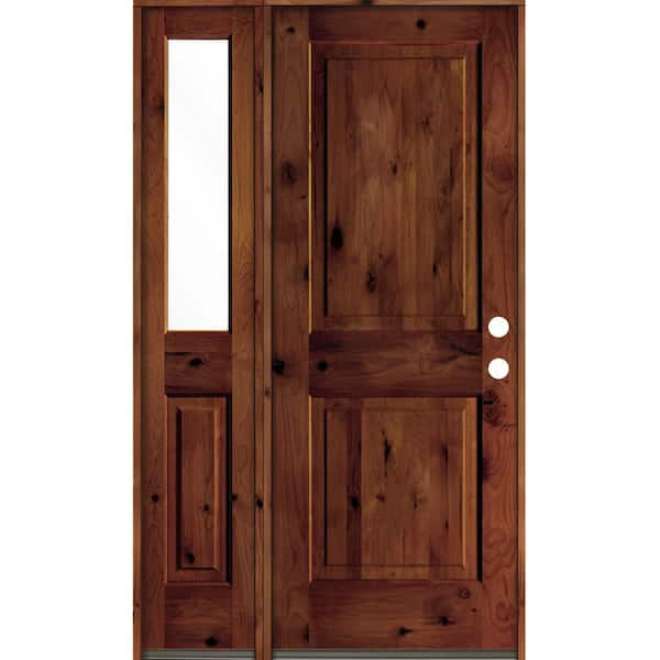 Krosswood Doors 56 in. x 80 in. Rustic knotty alder 2-Panel Left-Hand/Inswing Clear Glass Red Chestnut Stain Wood Prehung Front Door