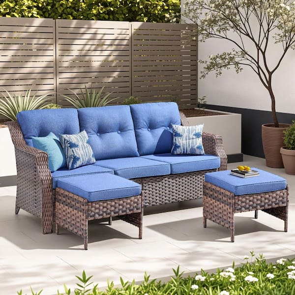 3-Piece Metal and Wicker Outdoor Sectional Armchair Sofa Couch Set with Ottomans with Blue Cushions