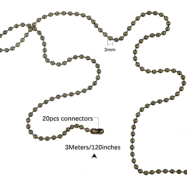 120-Inch Extra Long Brass Ceiling Fan Pull Chain – 3mm Beaded Ball Chain With 20 Connectors For Light Fixtures And DIY Projects