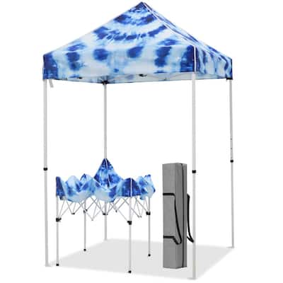 5 ft. x 5 ft. Outdoor Pop-up Canopy Portable Canopy Tent w/ Carry Bag Metal Adjustable Leg Oxford Top, Tie Dye Blue
