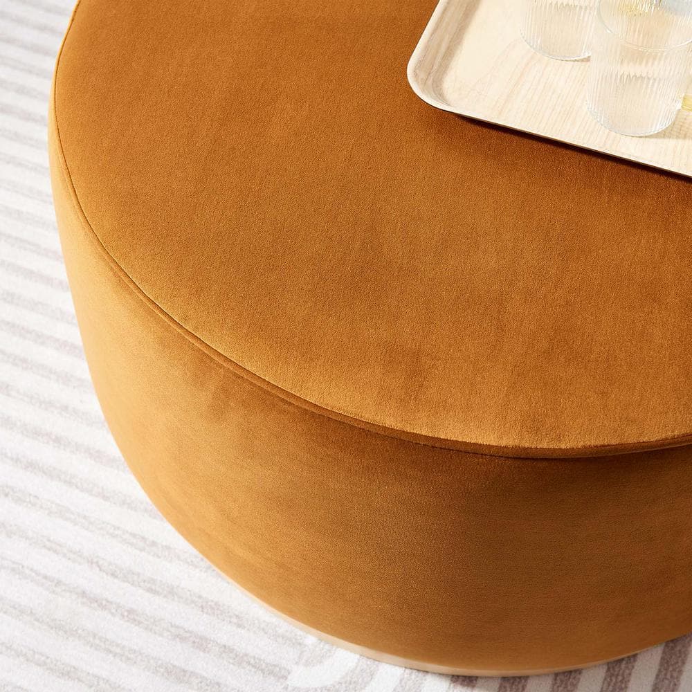 Tilden Large Round Rust Velvet Upholstered Ottoman with Rubberwood Base