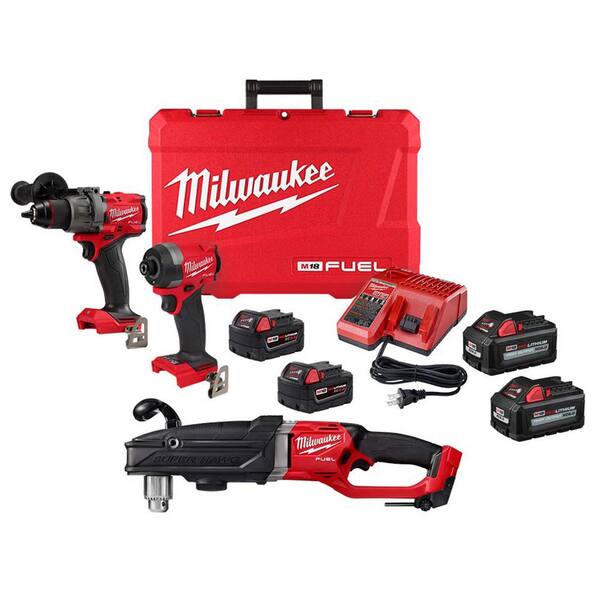 Milwaukee M18 FUEL 18-Volt Lithium-Ion Brushless Cordless Hammer Drill/Right Angle Drill/Impact Driver Combo Kit (3-Tool)