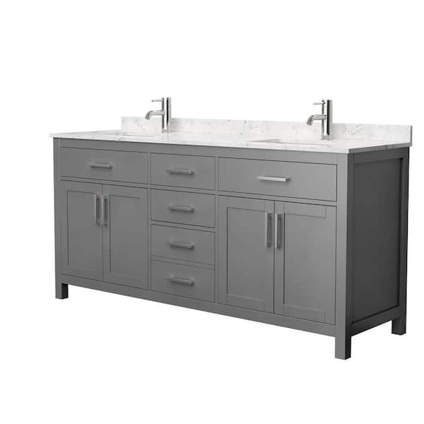 Wyndham Collection Beckett 72 in. W x 22 in. D Double Bath Vanity in Dark Gray with Cultured Marble Vanity Top in Carrara with White Basins