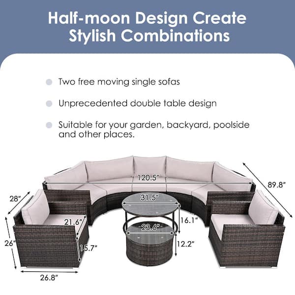 Brown 9-Piece Wicker Outdoor Sectional Set, Patio Half-moon