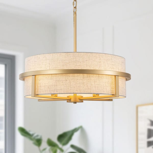 22 in. 4-Light Modern Gold Drum Pendant Light with Linen Fabric Shade for Dining Room, Bedroom or Kitchen Island