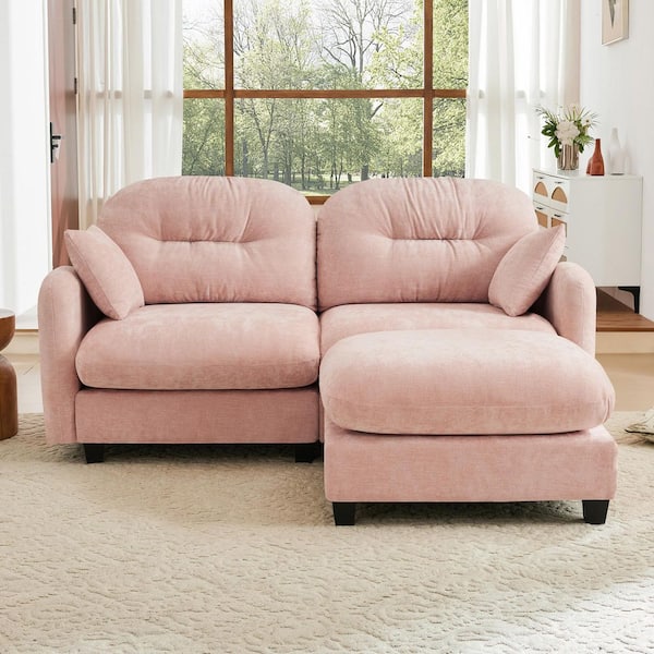 Leah 74 in. Chenille Upholstered Cloud Rectangle Sectional Sofa in Pink with Ottoman, 2-Pillows