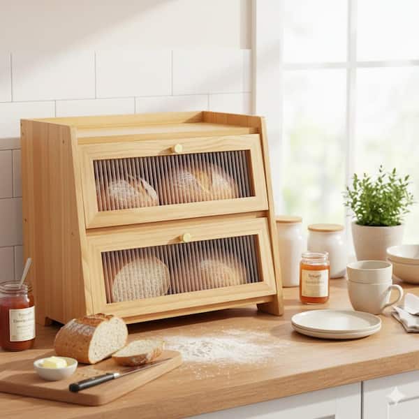 1 Piece Double Layer Wooden Corner Bread Box Magnetic-Sealed Door Countertop Organizer Storage Kitchen Set