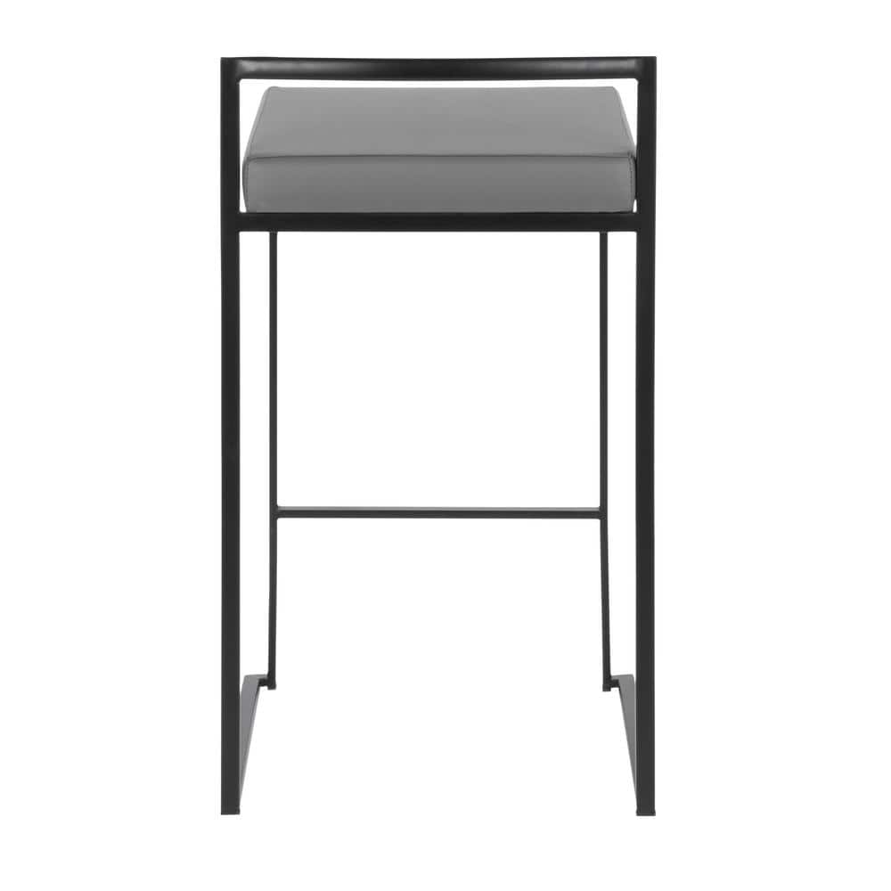 Black Metal and Wood Counter Stool with Grey Faux Leather Cushion