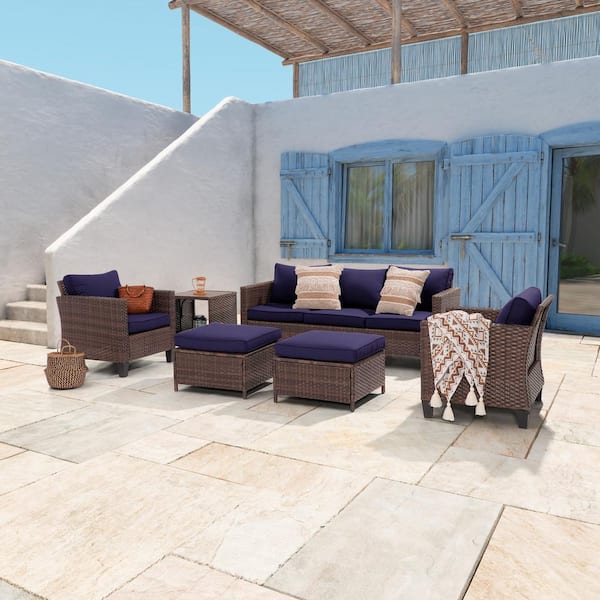 JOYESERY 6-Piece Brown Wicker Outdoor Conversation Seating Sofa Set with Side Table, Navy Blue Cushions