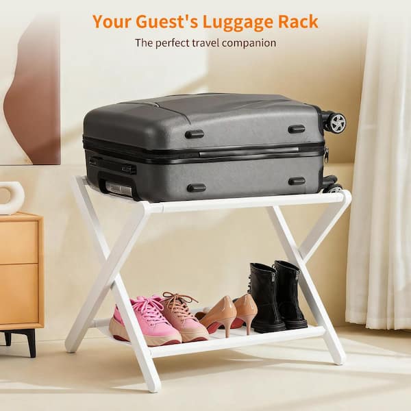 Wudkey White Bamboo Luggage Rack, Folding Suitcase Stand with