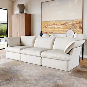 123 in. Modular Overstuffed Down Filled 3-Seat Flared Arm Sofa Deep Seat Couch for Living Room Reception Room, Beige