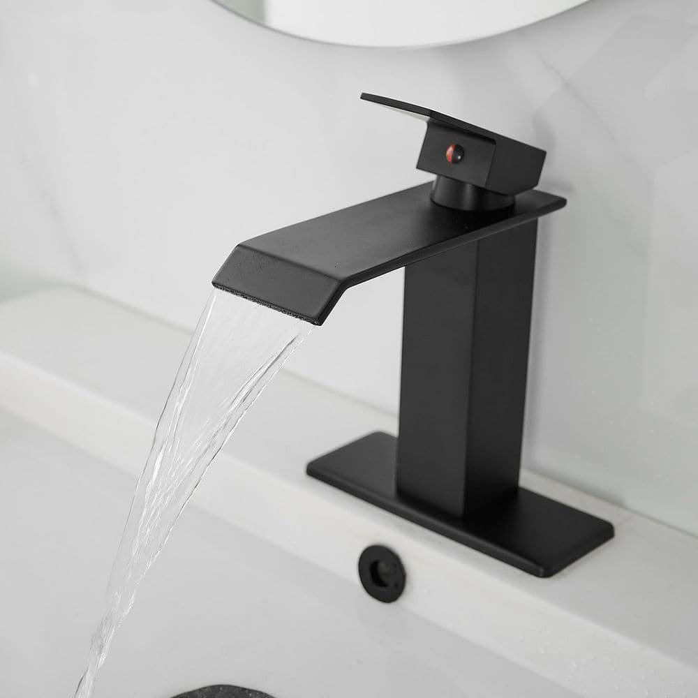 Matte Black Single-Handle Waterfall Bathroom Faucet with Supply Line
