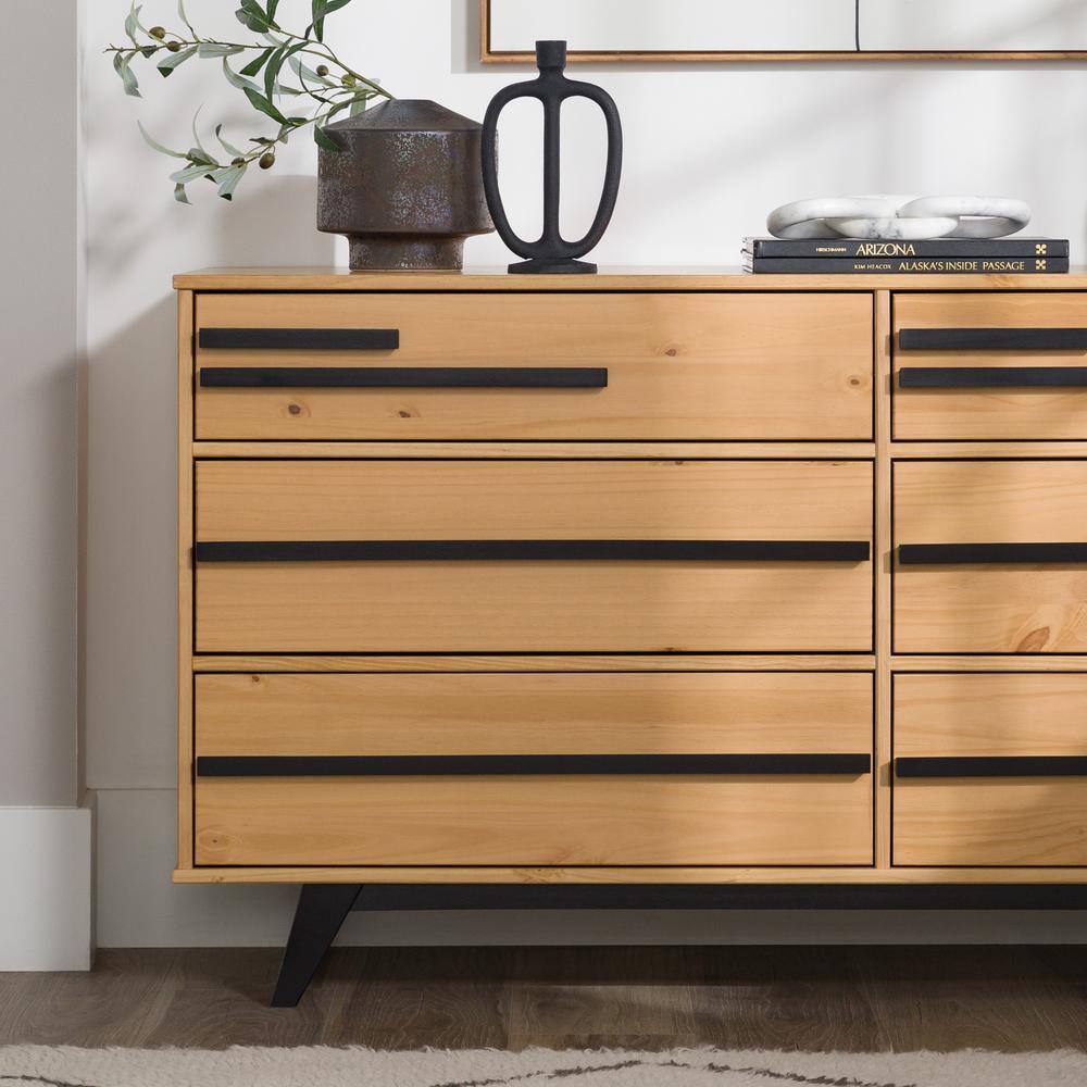 Natural Pine Mid-Century Modern 6-Drawer Solid Wood Dresser