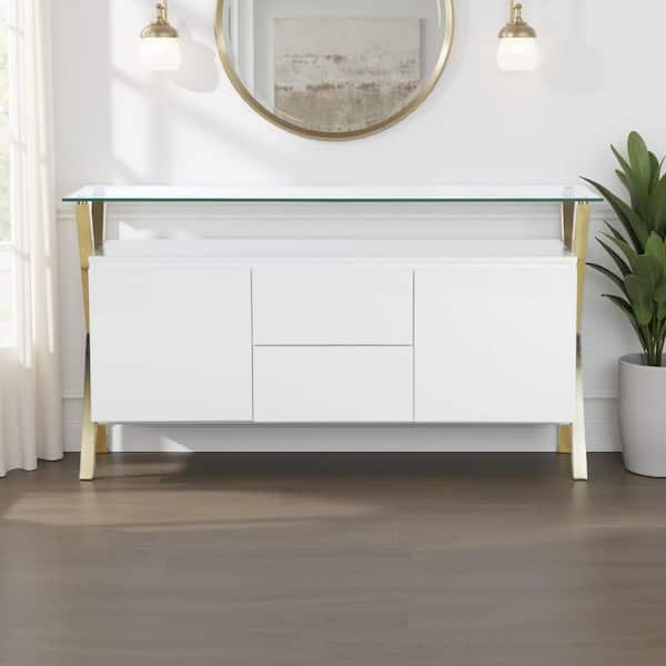 Tia White and Gold Metal and Tempered Glass 63 in. Sideboard Buffet Console with Shelves and Drawer