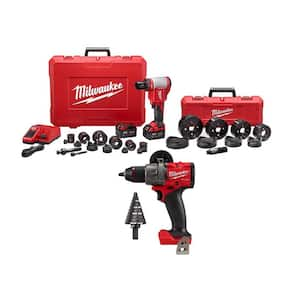 M18 18V Lith-Ion 1/2 in. to 4 in. Cordless Knockout Tool Kit w/Die Set 3.0 Ah Batteries & Hammer Drill, & Step Bit