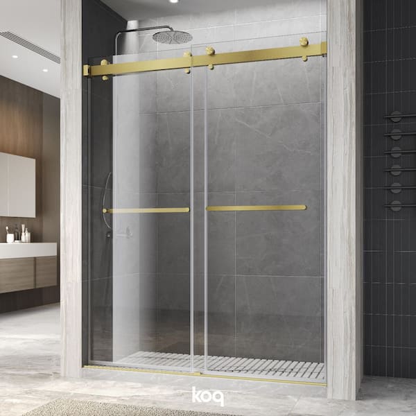 60 in. W x 76 in. H Double Sliding Frameless Shower Door in Brushed Gold Finish with 3/8 in. Clear Tempered Glass