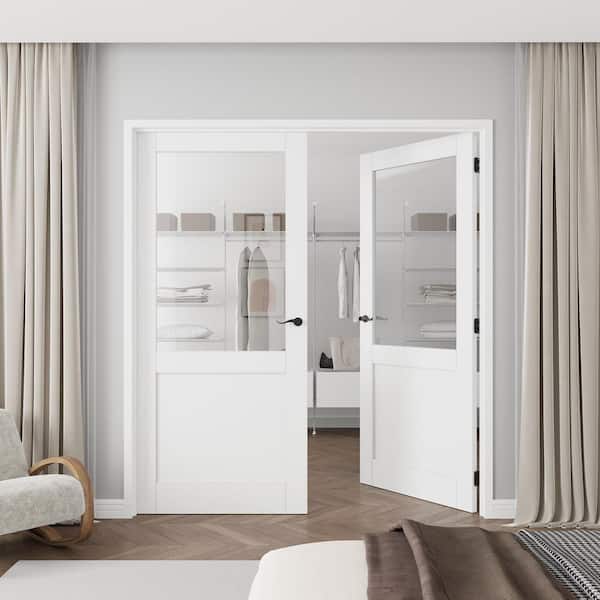 72 in. x 80 in. 1/2-Lite Clear Glass Universal White Solid Core Wood Double Prehung French Door+ Quick Assemble Jamb