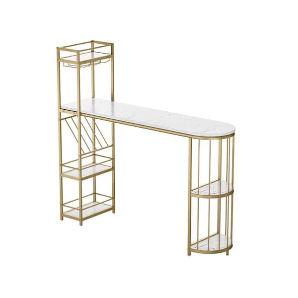 Unbranded 63 in. Modern White Kitchen Bar Height Dining Table Wood Breakfast Pub with Gold Base Shelves and Glass Rack