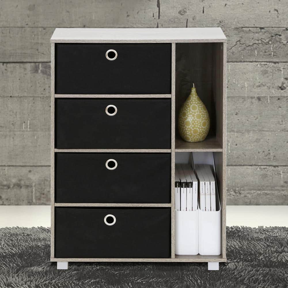French Oak Grey and Black Medium Storage Cabinet with 4 Drawers