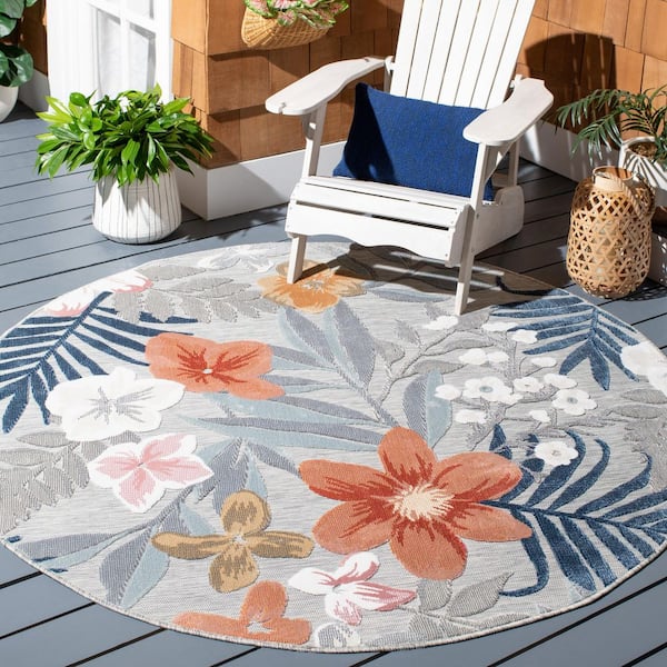 Cabana Gray/Rust 6 ft. x 6 ft. High-Low Floral Leaf Indoor/Outdoor Round Area Rug