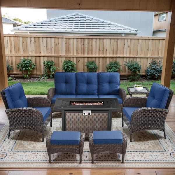 Brown 7-Piece Wicker Patio Fire Pit Set, Outdoor Sofa Seating Set with Olefin Navy Blue Cushions and Ottoman, Side Table