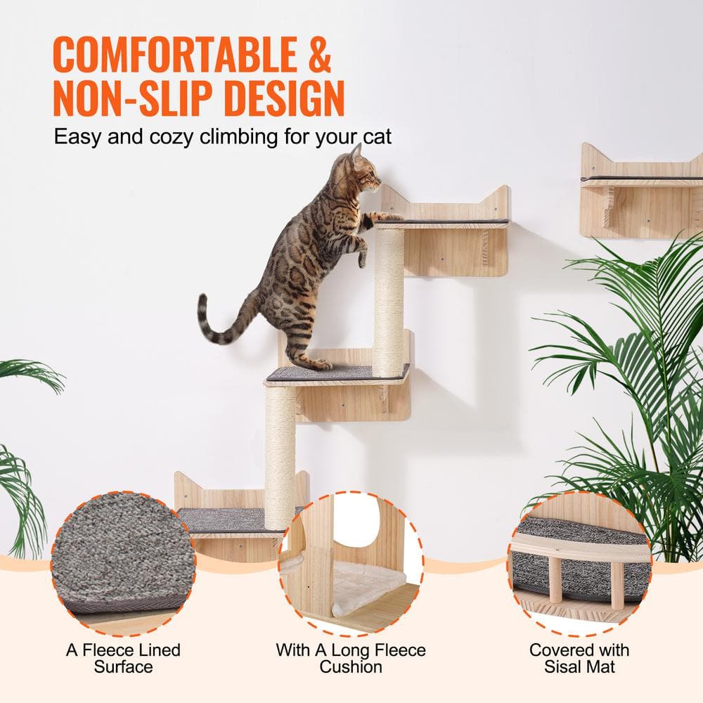 Natural Pine Wood Wall Mounted Cat Playground Set