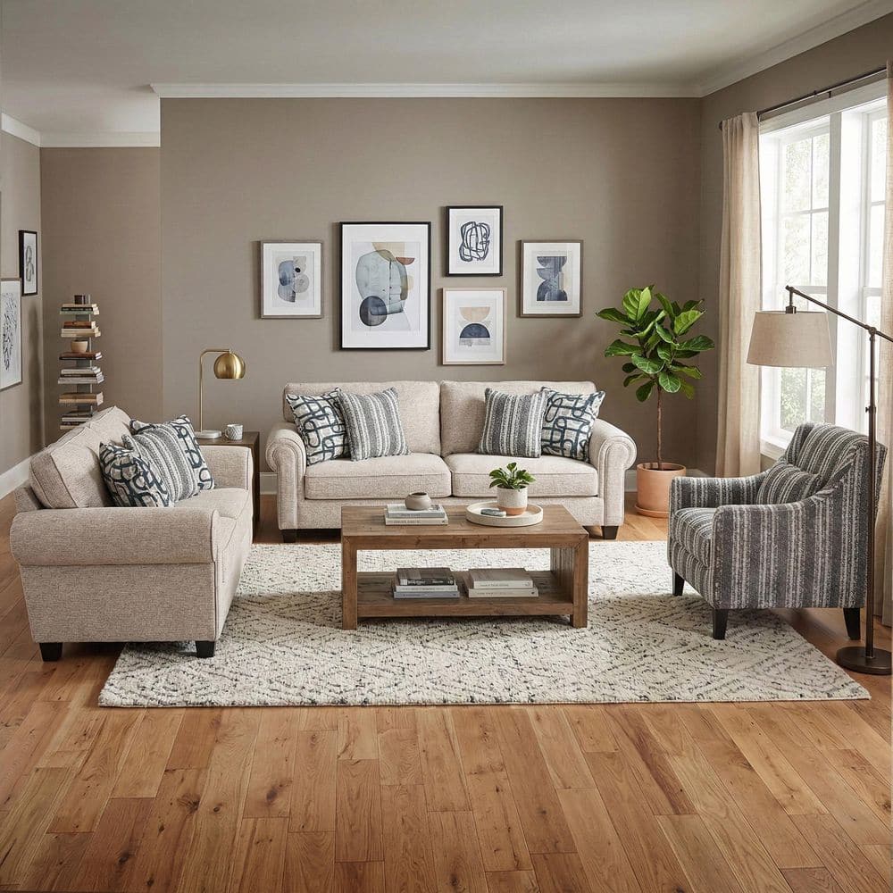 Fredy 3-Piece Light Brown/Taupe Chenille Living Room Set with Stripe Accent Chair